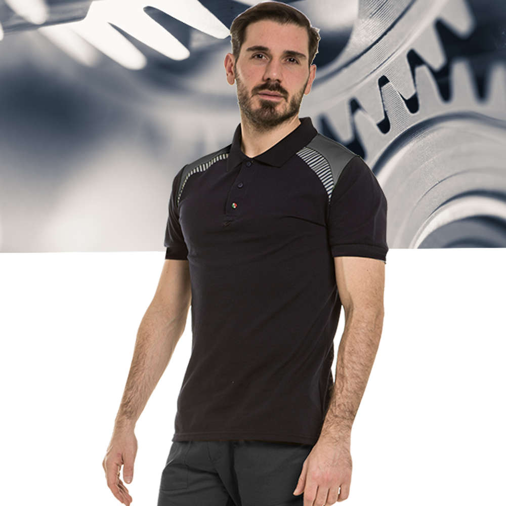 Polo unisex elasticizzata con Bande rifranfgenti su spalle 1 Polo unisex elasticizzata con Bande rifranfgenti su spalle